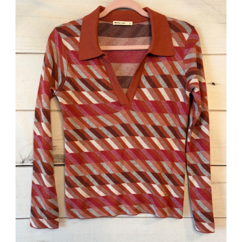 Marine Layer Orange Geometric Knit Polo Long Sleeve Silk Bamboo Blend Top S